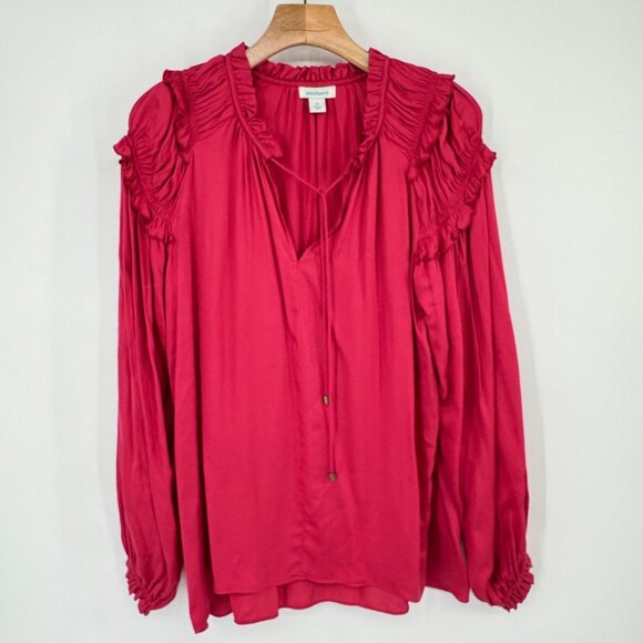 Sundance Womens Blouse Sz Meduim Red Ruffle Long Sleeve Rayon so in love peasant - Picture 3 of 11